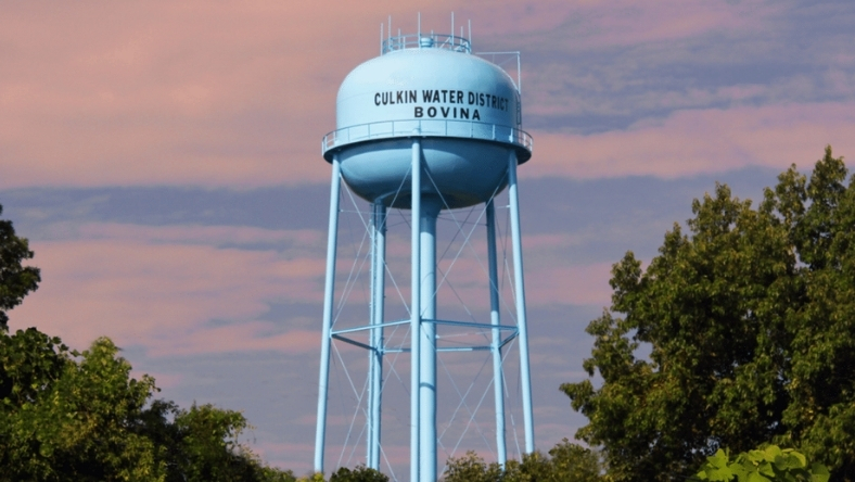 Elevated water tower serving a small rural community drinking water system